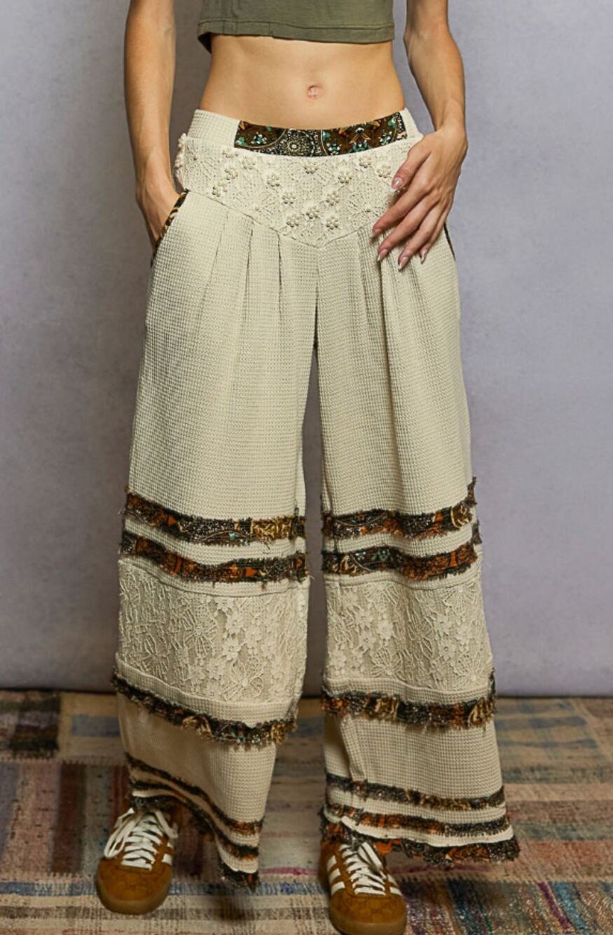 POL Cream Lace Ruffle Wide Leg Pants L Pearl Beaded Details - Romantic Cozy